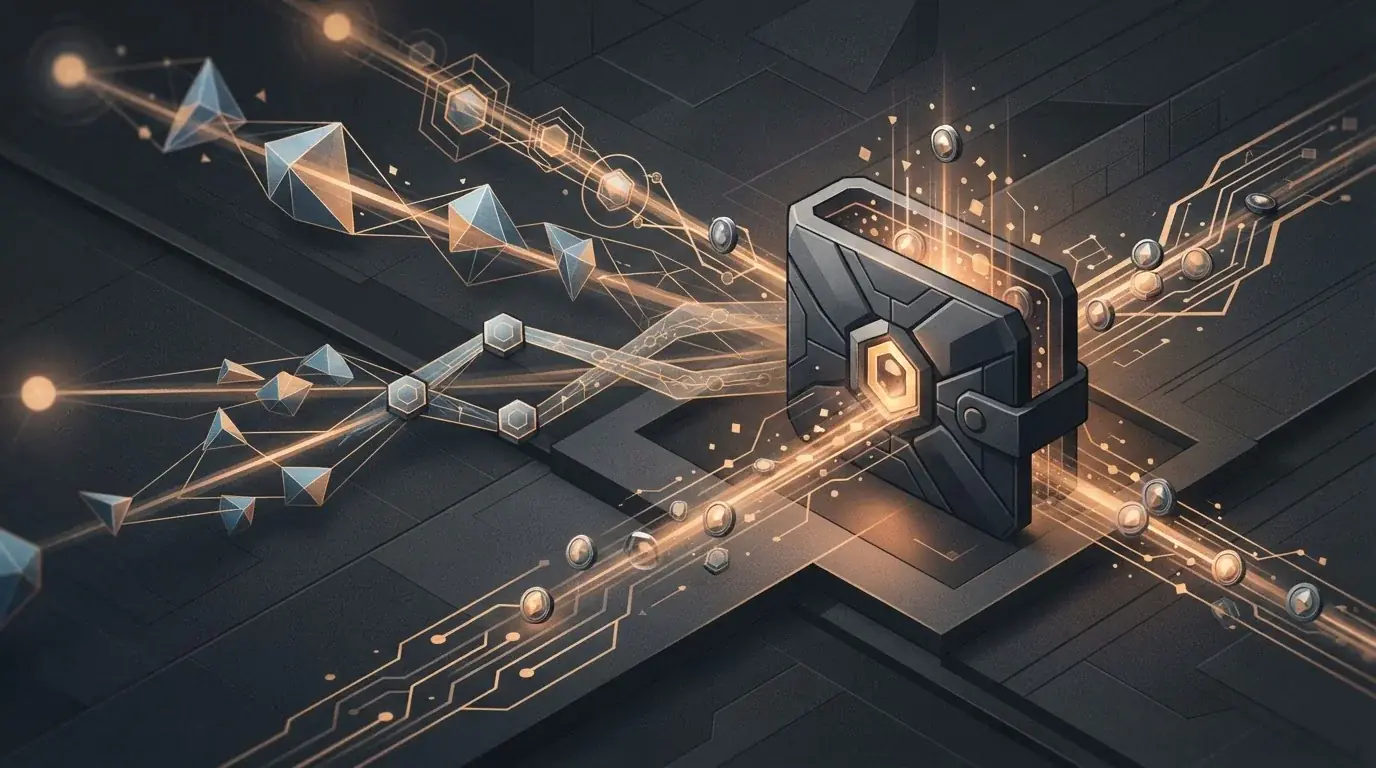 Crypto tokens connected by abstract blockchain network paths