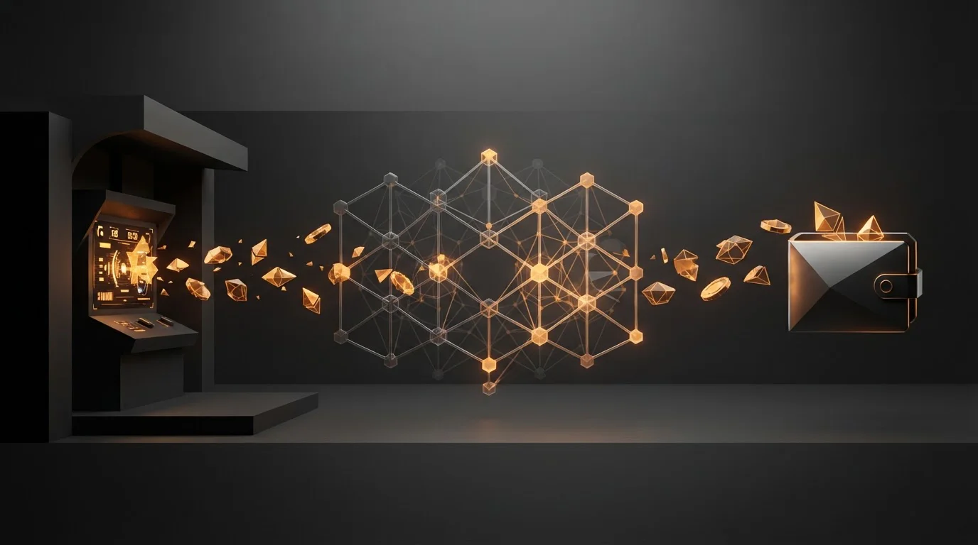 Crypto withdrawal moving from a casino balance through a blockchain network to an external wallet