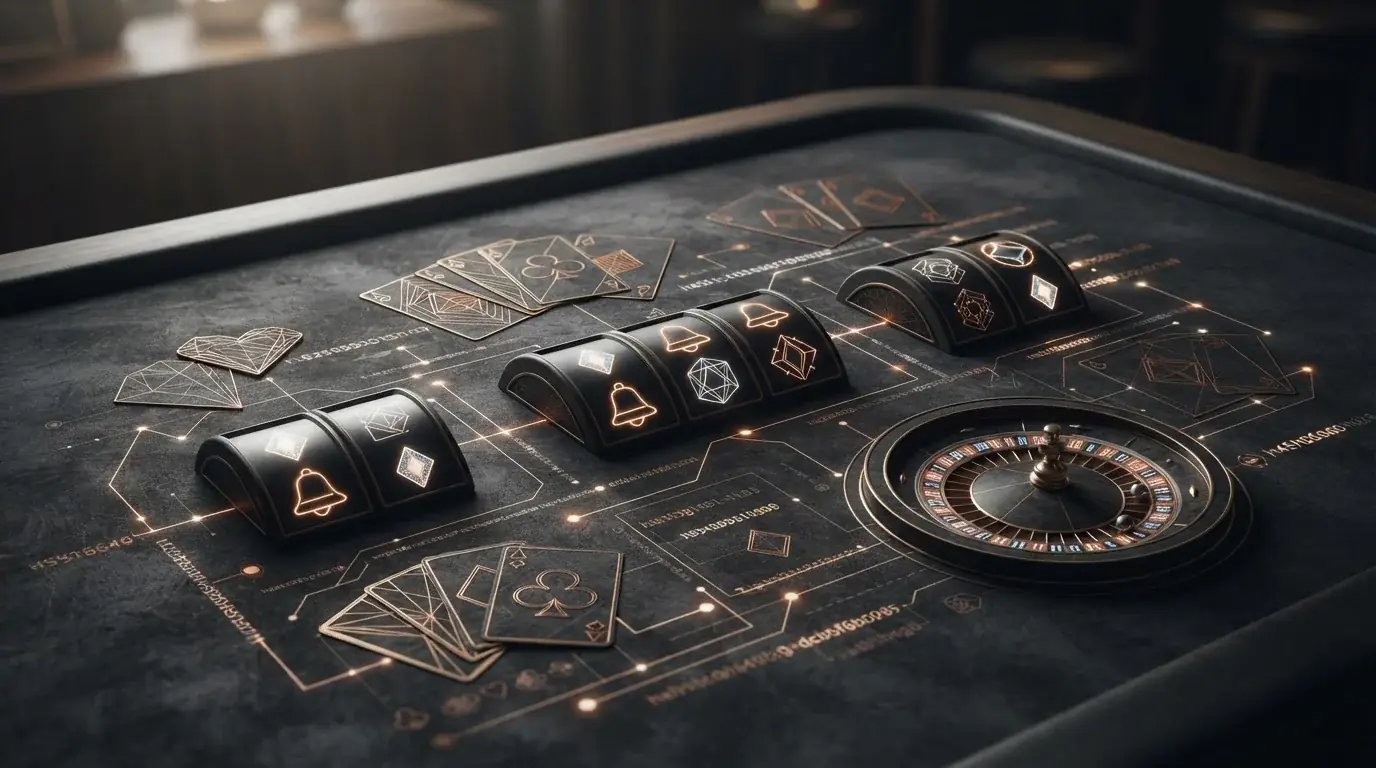 Abstract casino reels, card shapes and provably fair hash symbols on a dark tabletop