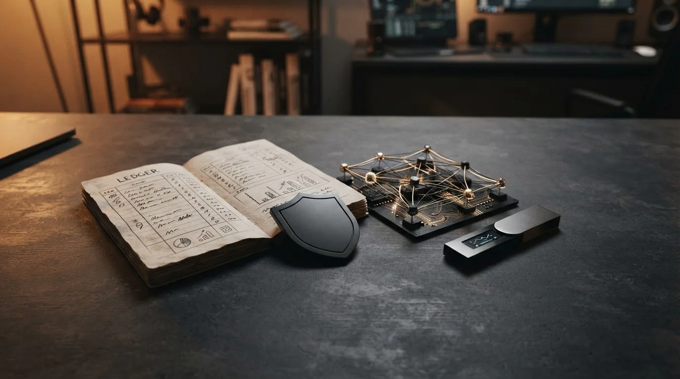 Abstract ledger, shield and network nodes arranged on a dark desk
