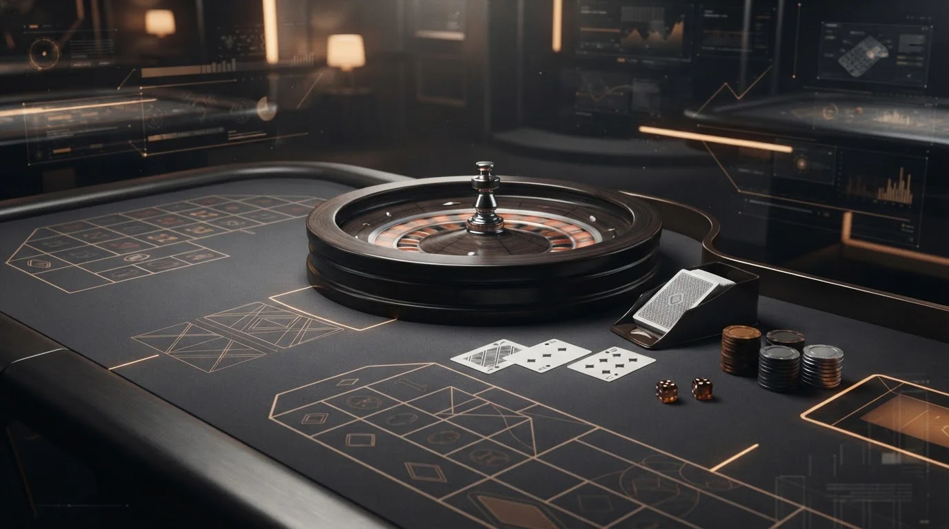 Abstract live casino table with cards, roulette wheel, dice and streaming interface shapes