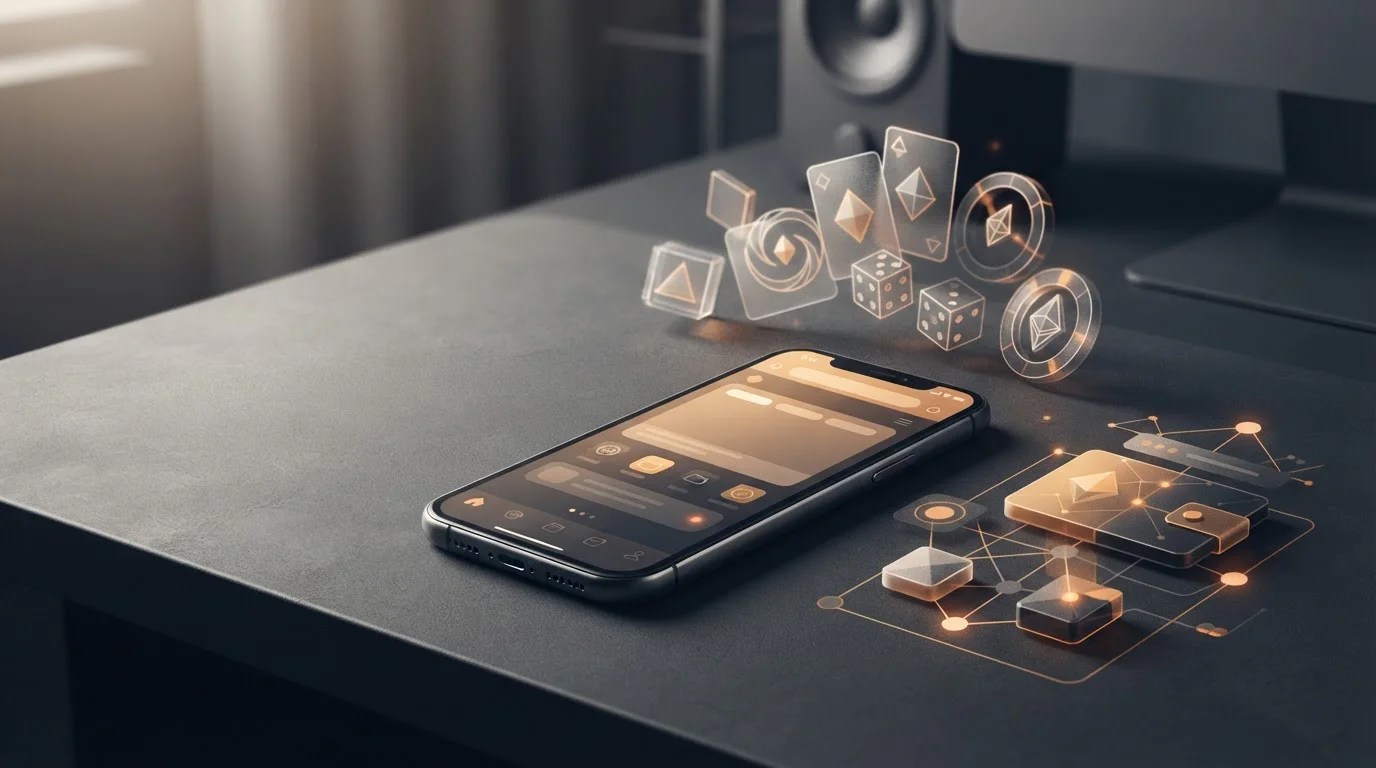 Smartphone browser frame beside abstract crypto wallet and casino game symbols on a dark desk