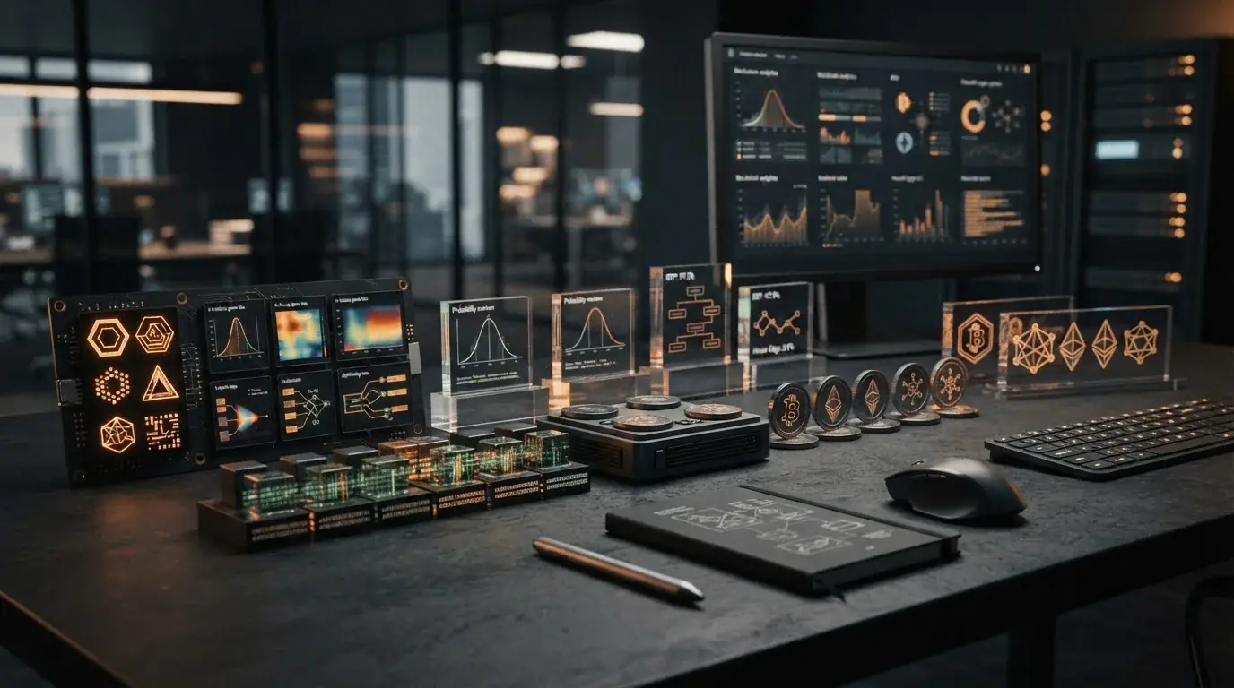 Abstract game tiles, probability markers and cryptographic seed symbols arranged on a dark gaming desk