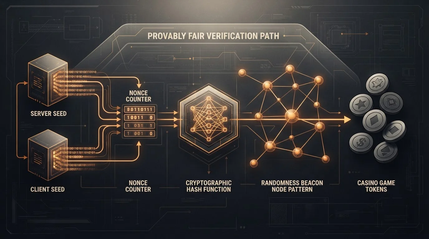 Cryptographic seed blocks, hash symbols and a verification path beside abstract casino game tokens