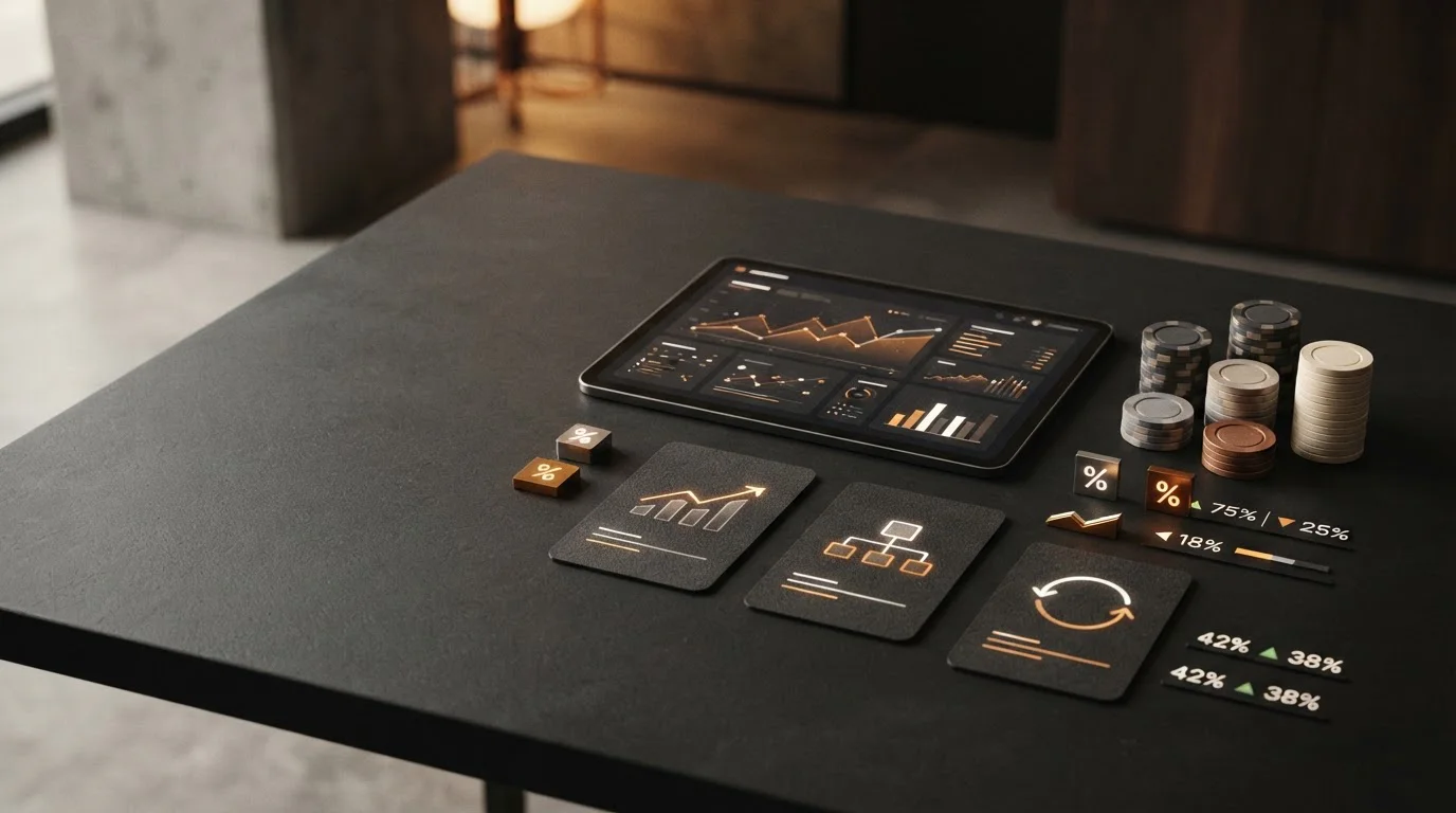 Abstract reward ledger with casino chips, percentage markers and category cards on a dark surface