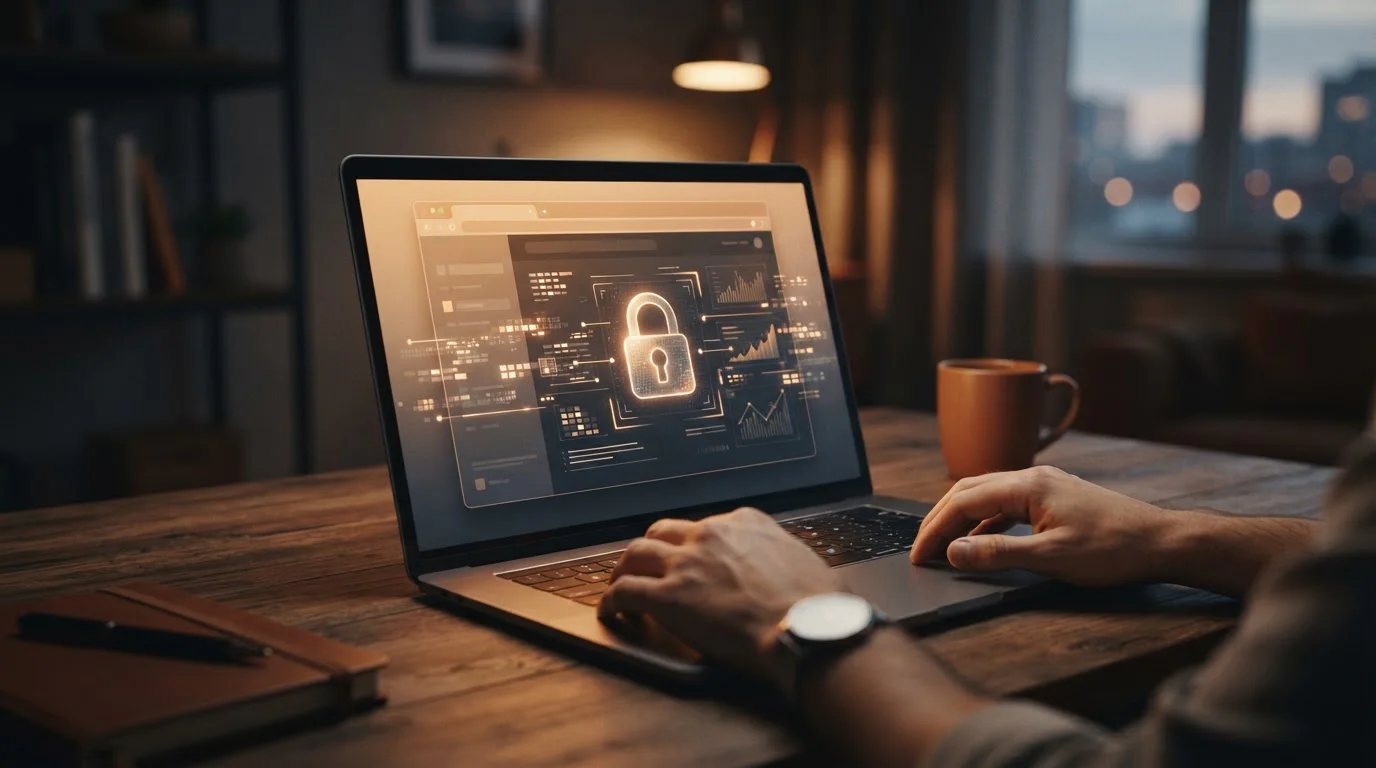 Browser window and lock beside abstract local data blocks on a private desk