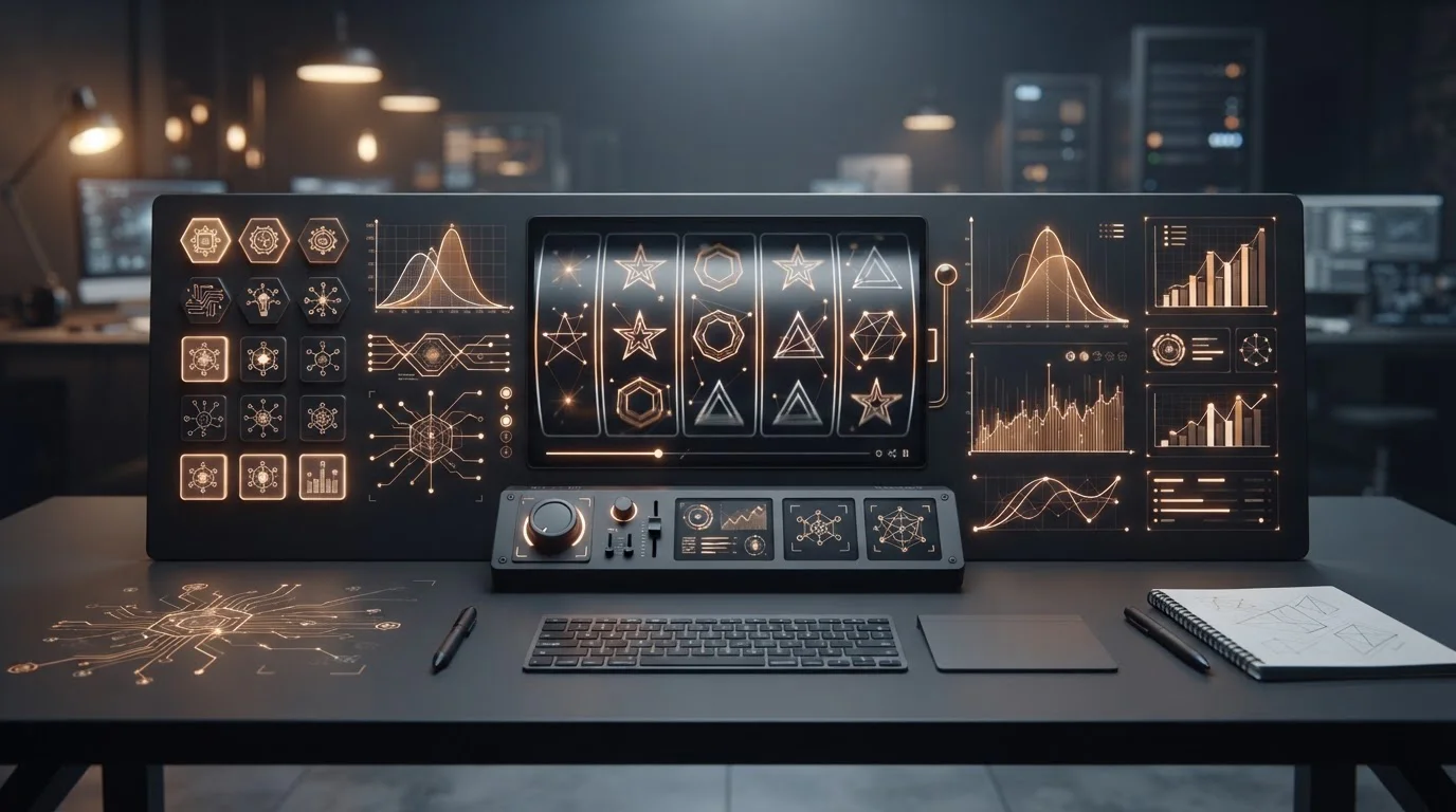 Abstract slot reels with provider tiles, probability curves and crypto symbols on a dark desk